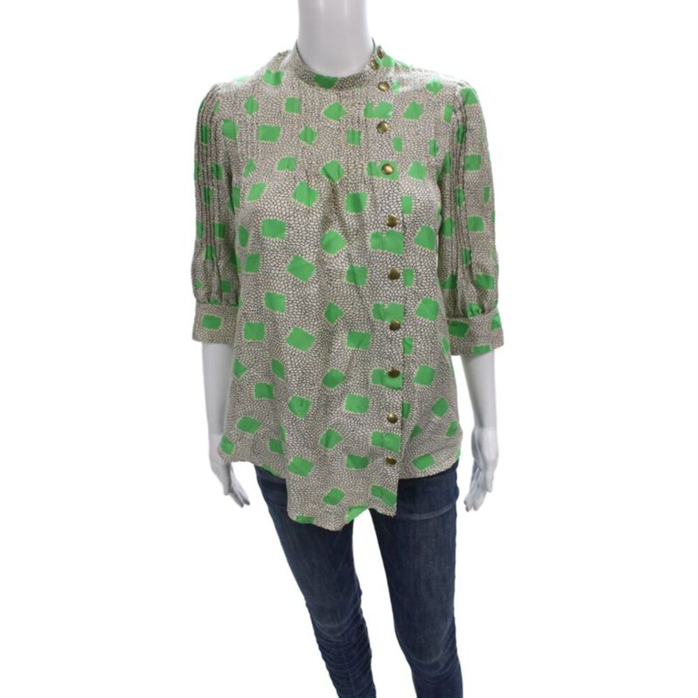 Lauren Moffatt Womens Beige Silk Geometric High Neck Tunic 3/4 Sleeve Size XS